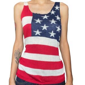 Cloud chaser American Flag Knit Tank Top with Mesh Overlay White/Red/Blue Sz.M